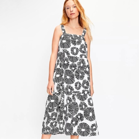 LOFT Linen Blend Firework Tiered Square Neck Midi Dress Black White Large - Picture 1 of 8